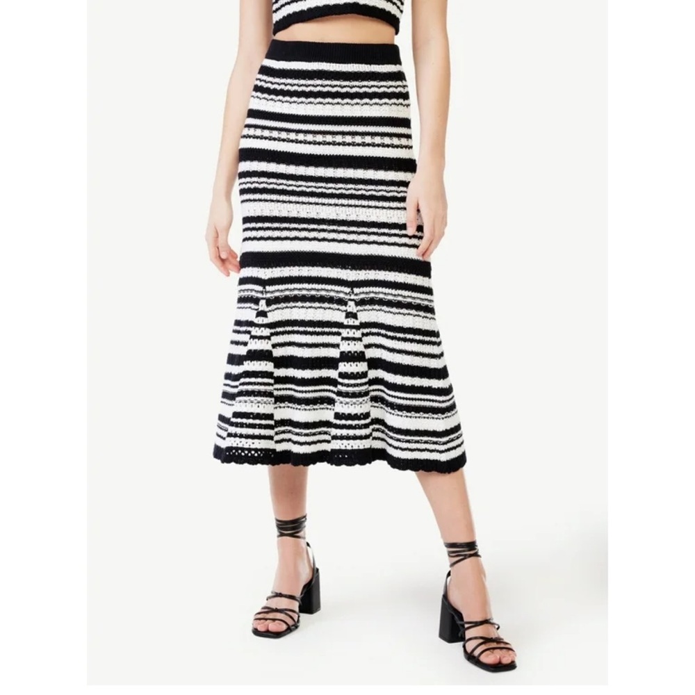 Black and White Striped Midi Skirt